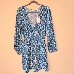 Rhythm Blue Paisley Boho Indie Sleaze Wanderlust Mini Faux Wrap Dress NWT M